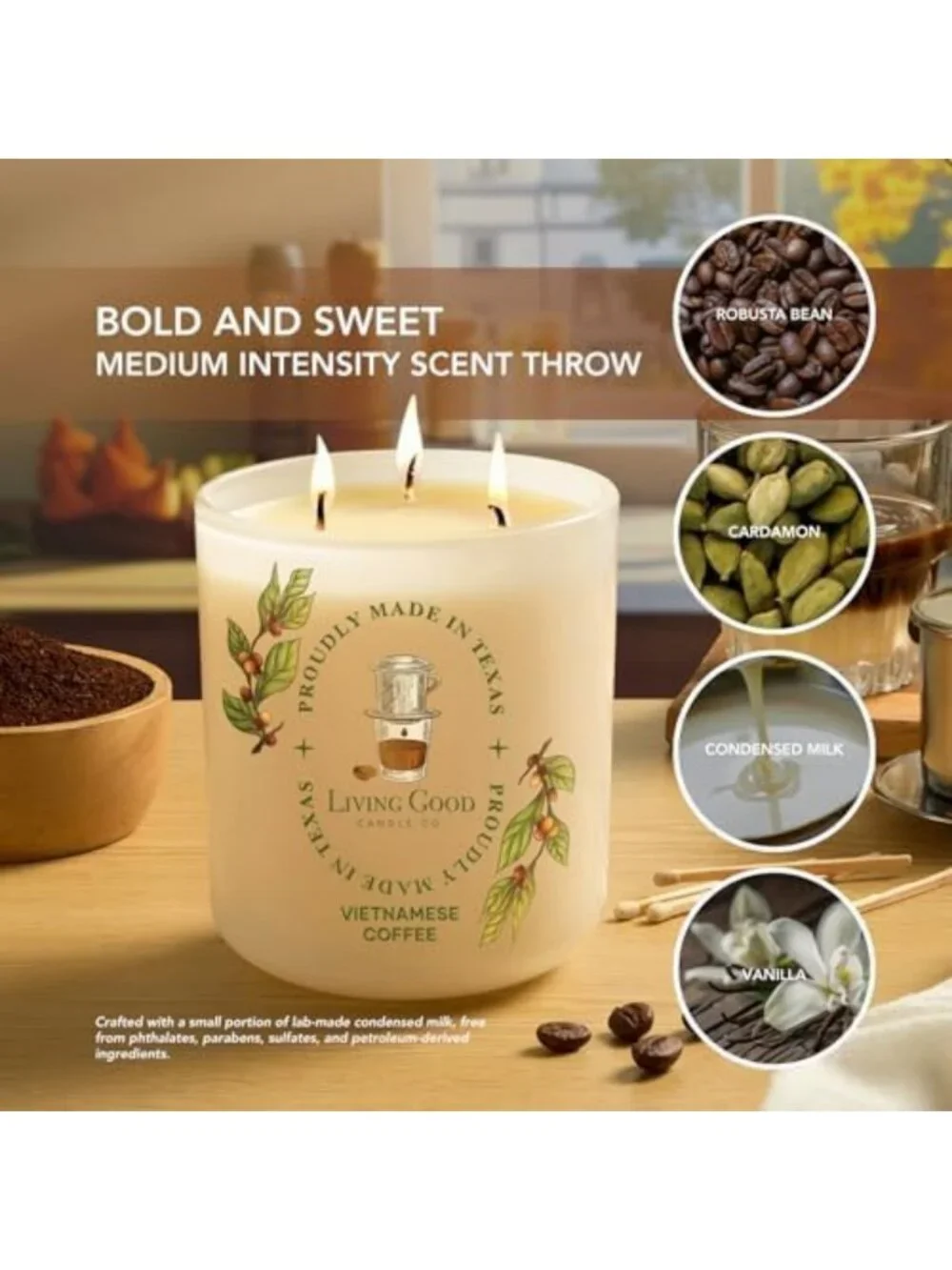 Rich Coffee Beeswax Candle - Roasted Bean & Sweet Vanilla, Long-Lasting 90+ Hr